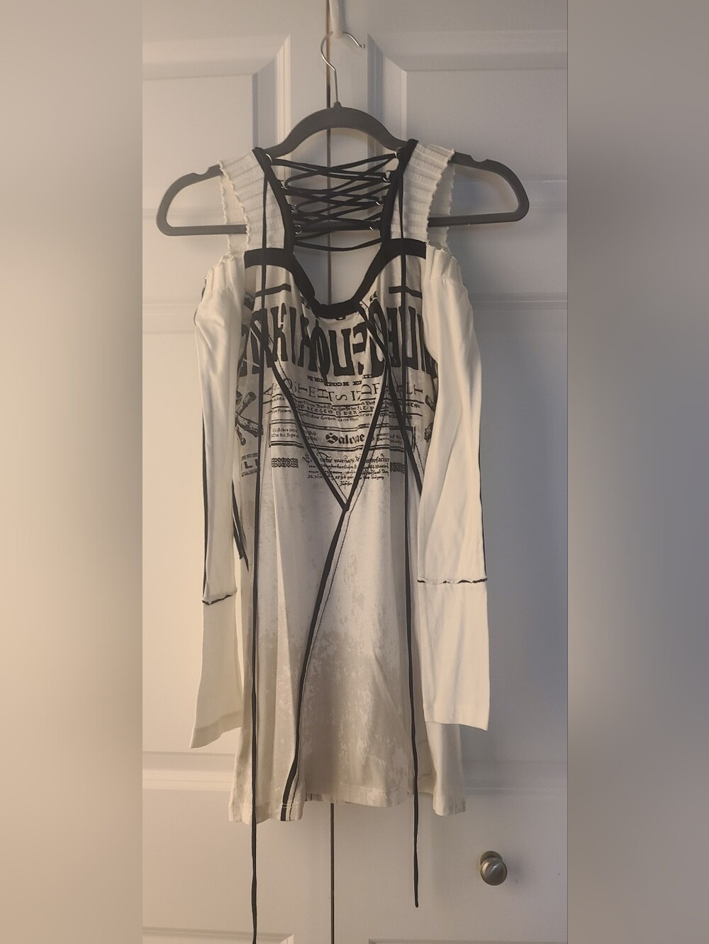 Salvage Y2K Lace Up Graphic Mini Dress XS Cream Black Gothic Punk - Picture 6 of 10